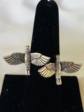 New Large Silver Tone Double Bird in Flight Adjustable Ring / Statement Ring